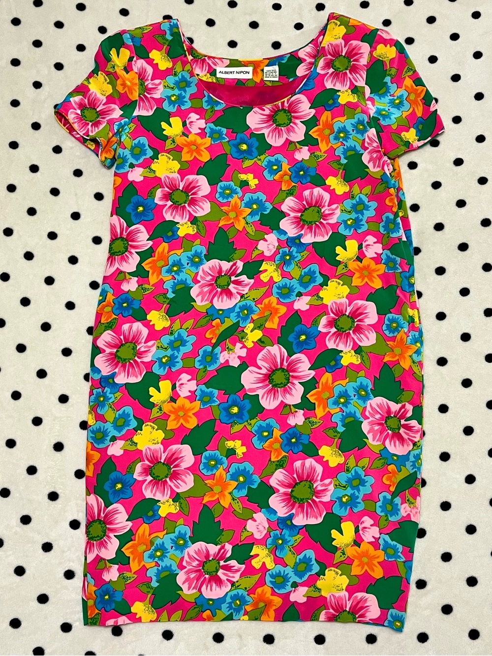 Vintage 80s Albert Nipon 100% Silk Vibrant Floral Shift Dress Size 10